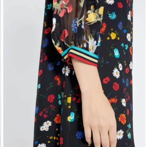 Alice & Olivia Lalita Dress Collared Blouson Botanical Ditsy Floral Black Small - Picture 2 of 10